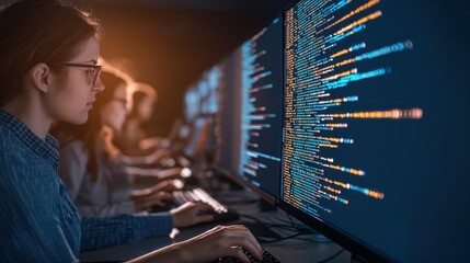A focused programmer writes code on a computer, with multiple screens displaying colorful lines of programming language in a dimly lit environment.