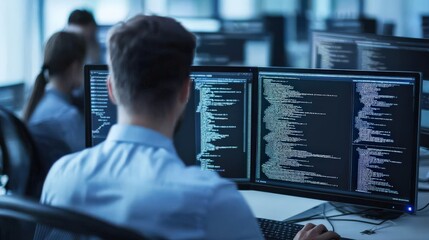 A focused programmer analyzes code on dual monitors in a modern office setting, highlighting the essence of tech innovation and software development.
