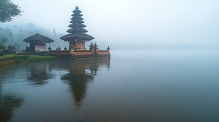 Obraz premium A traditional Balinese temple stands on a lake, shrouded in mist, reflecting in the calm water.