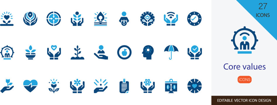 Core values vector icon  set. containing vision, purpose, compassion, fairness, innovation, teamwork, growth and more solid design