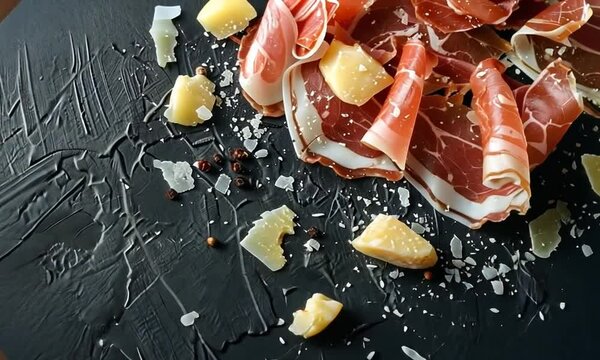 Slices of Prosciutto di Parma or Jam&oacute;n Serrano paired with delicate cheese sprinkles, elegantly presented on a textured black background, highlighting a blend of savory flavors