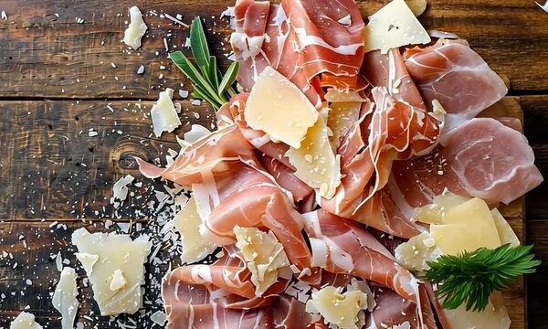 Slices of Prosciutto di Parma or Jam&oacute;n Serrano elegantly displayed on a rustic wooden background, embodying the essence of traditional European charcuterie