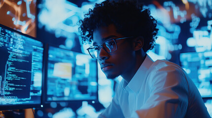 Focused Professional Working on a Computer in a High-Tech Environment