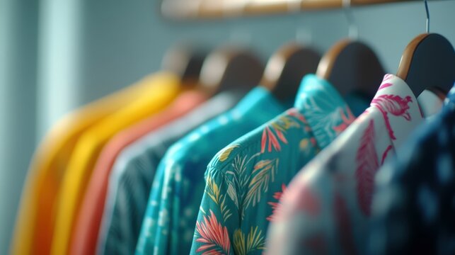 Colorful clothing hanging on rack in closet