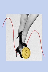 Vertical photo collage of female legs stand coin dollar currency money graph decline inflation...