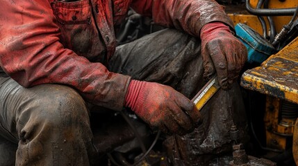 Close-up of a Mechanic's Hands Holding a Gauge While Working on a Dirty Machine