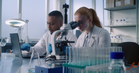 Advanced medical science laboratory: Two diverse scientists using laptop to develop new drug formula or vaccine, doing microscope analysis of samples from test tubes. Medicine and pharmaceuticals.