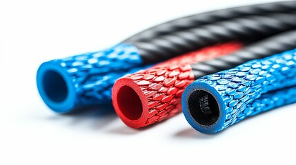 Close-up of colorful rubber hoses with textured exterior