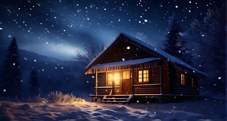 Wooden Cabin in a Tranquil Snowy Night_030