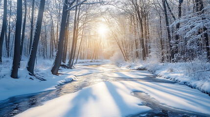 winter landscape with snow-covered trees, a frozen river, and a soft glow from the low winter sun casting long shadows