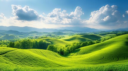 Obraz premium Rolling Green Hills with Blue Sky and White Clouds