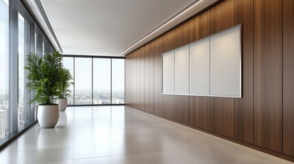 Fototapeta premium A large room with a white board on the wall and a potted plant in the corner