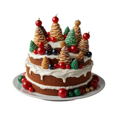 christmas cake isolated on white background, cake decorated with christmas trees