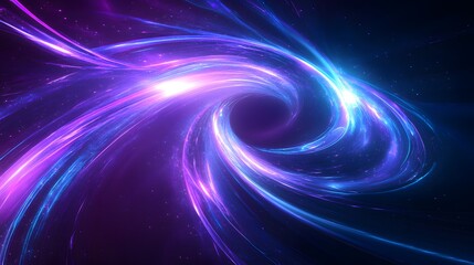 A dynamic purple and blue ribbon of light, spinning in the air with energy lines radiating from its center on a dark background