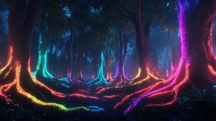 A mystical forest with vibrant, glowing roots and trees.
