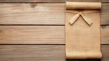 Fototapeta premium Burlap fabric roll with a tied bow placed on a wooden background, giving a rustic and natural appearance suitable for various crafts..