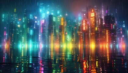 Obraz premium Neon-Lit Skyscrapers Reflecting in a Rainy City