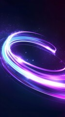 Obraz premium A dynamic purple and blue ribbon of light, spinning in the air with energy lines radiating from its center on a dark background