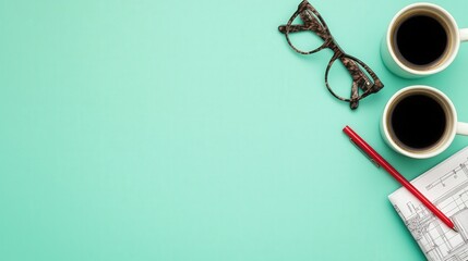 A cozy workspace setup featuring coffee cups, glasses, and a notebook on a vibrant turquoise background.