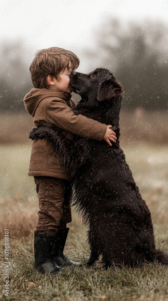 Wall mural A little boy kissing a dog in the snow