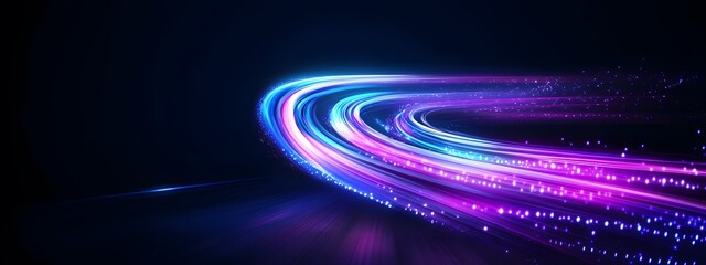 A dynamic purple and blue ribbon of light, spinning in the air with energy lines radiating from its center on a dark background