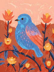 Folk-Style Bluebird Illustration with Vibrant Flowers on Branch