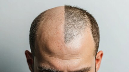 Fototapeta premium A close-up of a man’s scalp, showing a stark contrast between shaved and unshaved hair, highlighting hair loss or a hairstyle transformation.