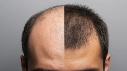Obraz premium A split image showing a man's hair before and after restoration, highlighting the contrast between baldness and a fuller head of hair.