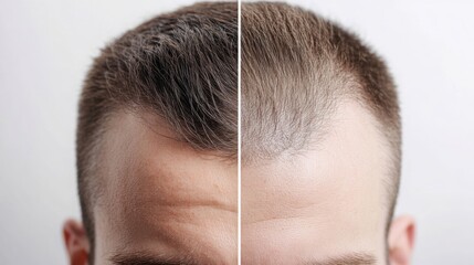 Obraz premium A split image showing two different hairlines on a man's head, highlighting the contrast between a fuller style and thinning hair.