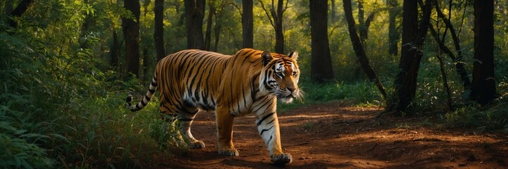 Obraz premium A tiger is walking through a forest. The tiger is walking on a dirt road