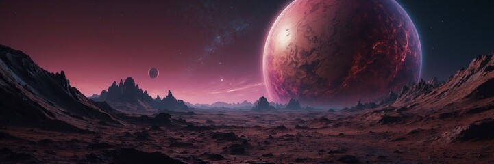 A large red planet with two smaller planets in the background. The background is a red and purple color
