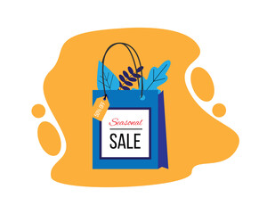 Shopping Bag with Seasonal Sale Advertisement In Color. Retail sales and commerce objects topic vector art