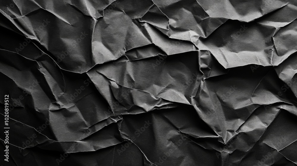 Poster A textured close-up of crumpled black paper, showcasing intricate folds and shadows, creating a dramatic visual effect.