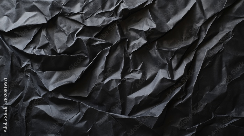Poster a close-up of crumpled black paper, showcasing its texture and shadows in a dark, abstract presentat