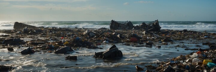 A beach is covered with trash and debris. The water is murky and the shoreline is littered with garbage