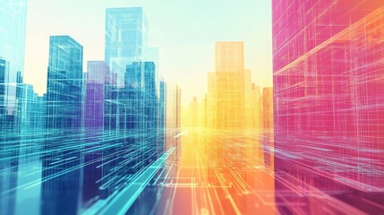 Futuristic cityscape with vibrant colors and digital elements.