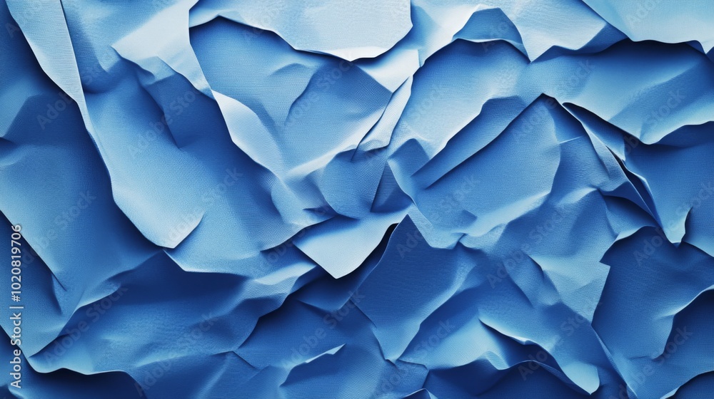 Poster A textured background of crumpled blue paper, showcasing various shades and folds, creating a dynamic visual effect.