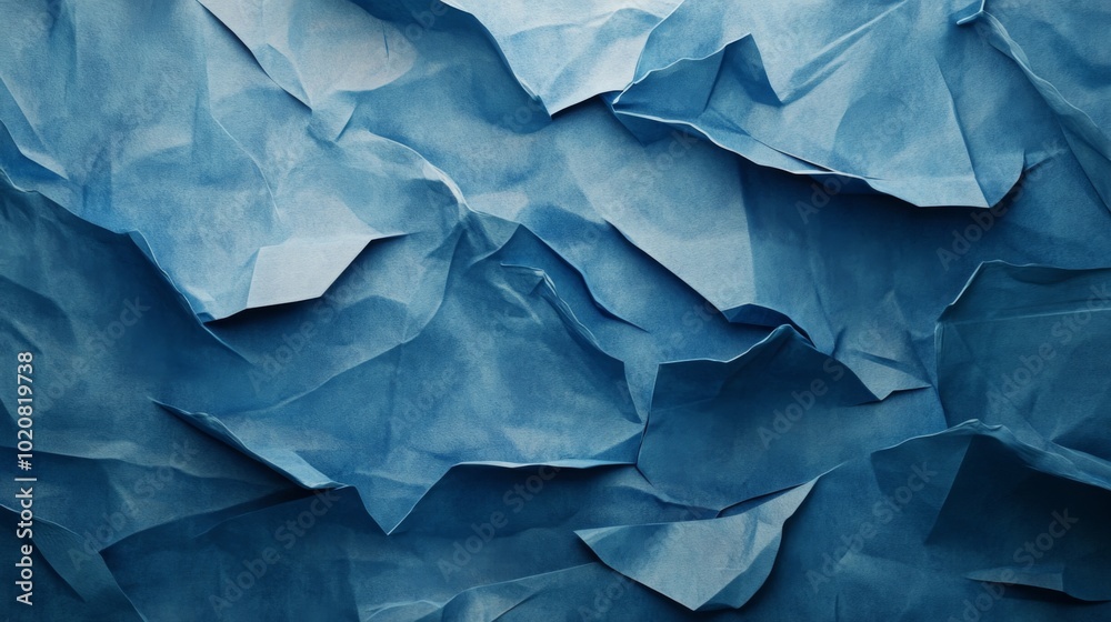 Poster A textured blue crumpled paper background, showcasing various shades and layers, creating a visually interesting pattern.