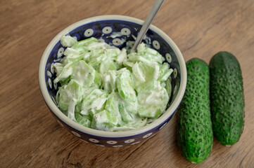 Pyszna świeża mizeria w porcelanowej miseczce z dodatkiem cebulki siekanej © Paweł Kacperek