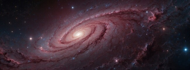 A spiral galaxy with a bright star in the center. The galaxy is filled with stars and has a red hue