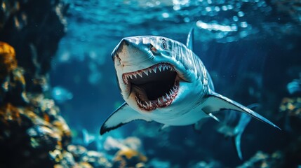 A close-up of a fierce shark with its mouth wide open, showcasing its sharp teeth underwater, This dramatic image can be ideal for documentaries, educational materials, or ocean-themed projects,