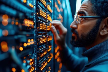 A technician inspecting a server rack filled with glowing lights, representing advanced technology and meticulous monitoring in a modern data center environment.