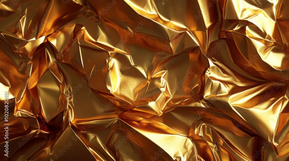 Poster a close-up of crumpled gold foil, showcasing its shiny texture and unique reflective qualities.