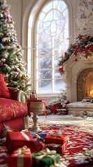 Fototapeta premium A living room with a christmas tree and a fire place