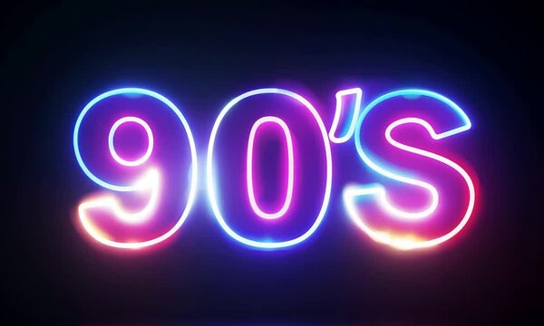 Colorful glowing neon 90s text with vibrant disco lighting creating a bold retro atmosphere in a dynamic design