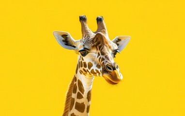 Obraz premium Curious giraffe twisting its neck on a bright yellow background, creating a fun and cheerful visual with a simple, modern design. The lively color adds energy to the illustration 