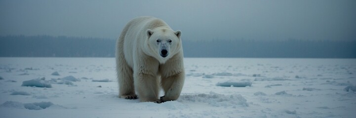 A polar bear is walking on a snowy field. The bear is white and has a black nose