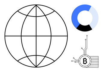 Black-outlined globe, pie chart with blue, grey, and black sections, and bitcoin symbol with circuit design. Ideal for finance, cryptocurrency, global trade, technology trends, data analysis