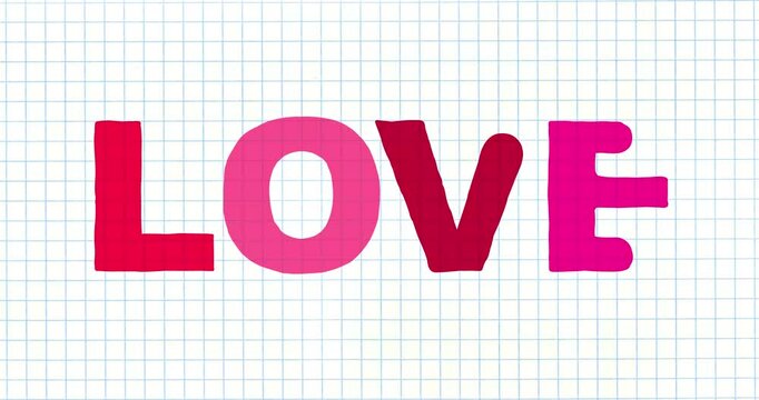 LOVE letters big forming cartoon animation grid horizontal. Crazy doodle motion design style single letters exercise book light grid. February valentine good for intro background.