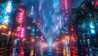 Fototapeta premium Neon-Lit City Street in the Rain at Night
